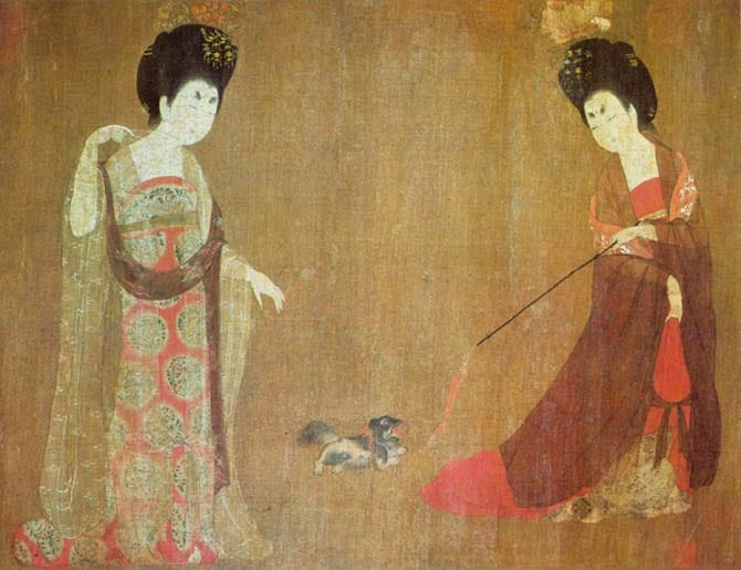 A painting of Tang dynasty women playing with a dog, by artist Zhou Fang, 8th century.