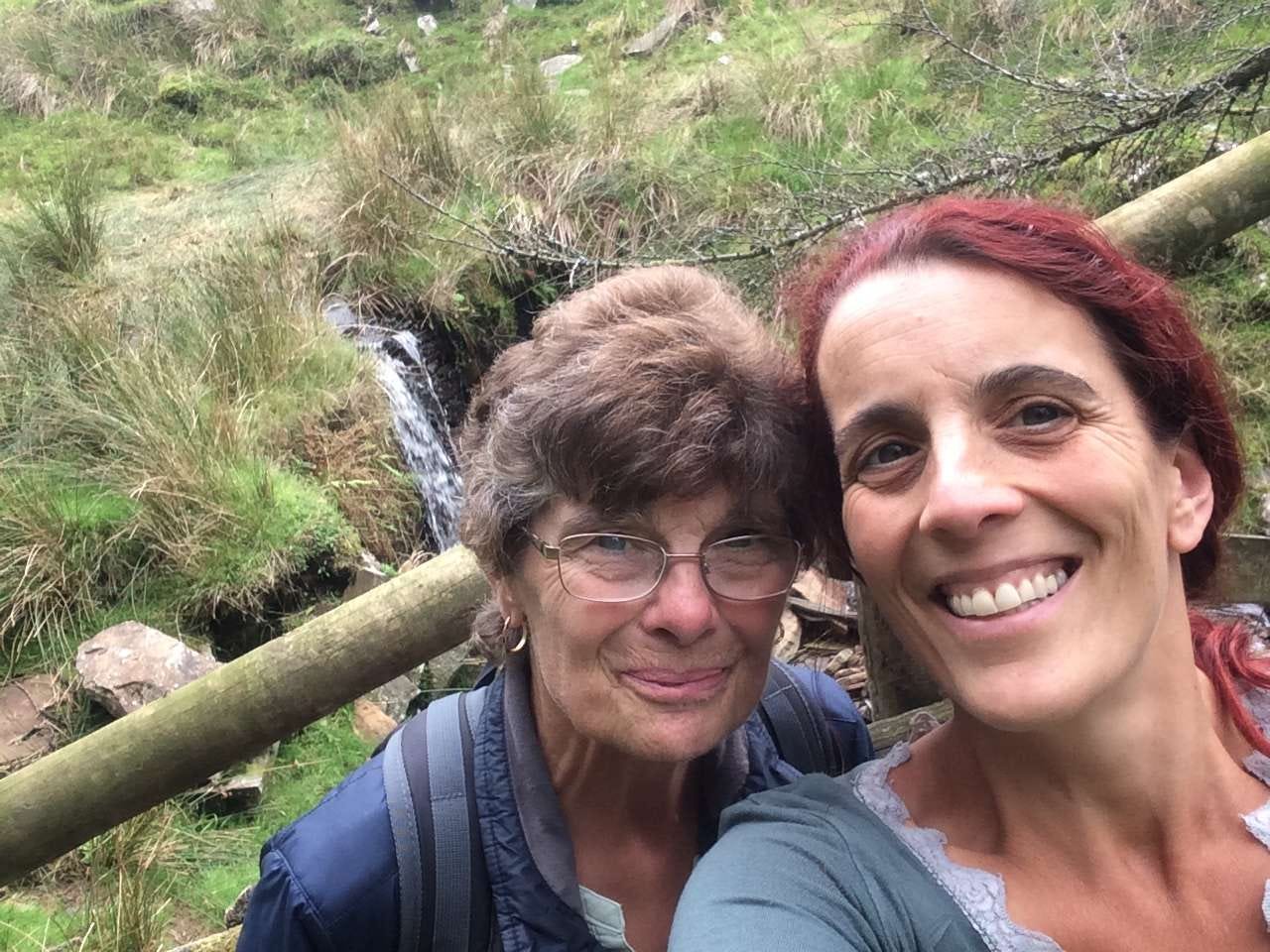 Esther Nagle At Ystradfellte waterfalls with her Mum, happy and smiling, doing what we loved to do together