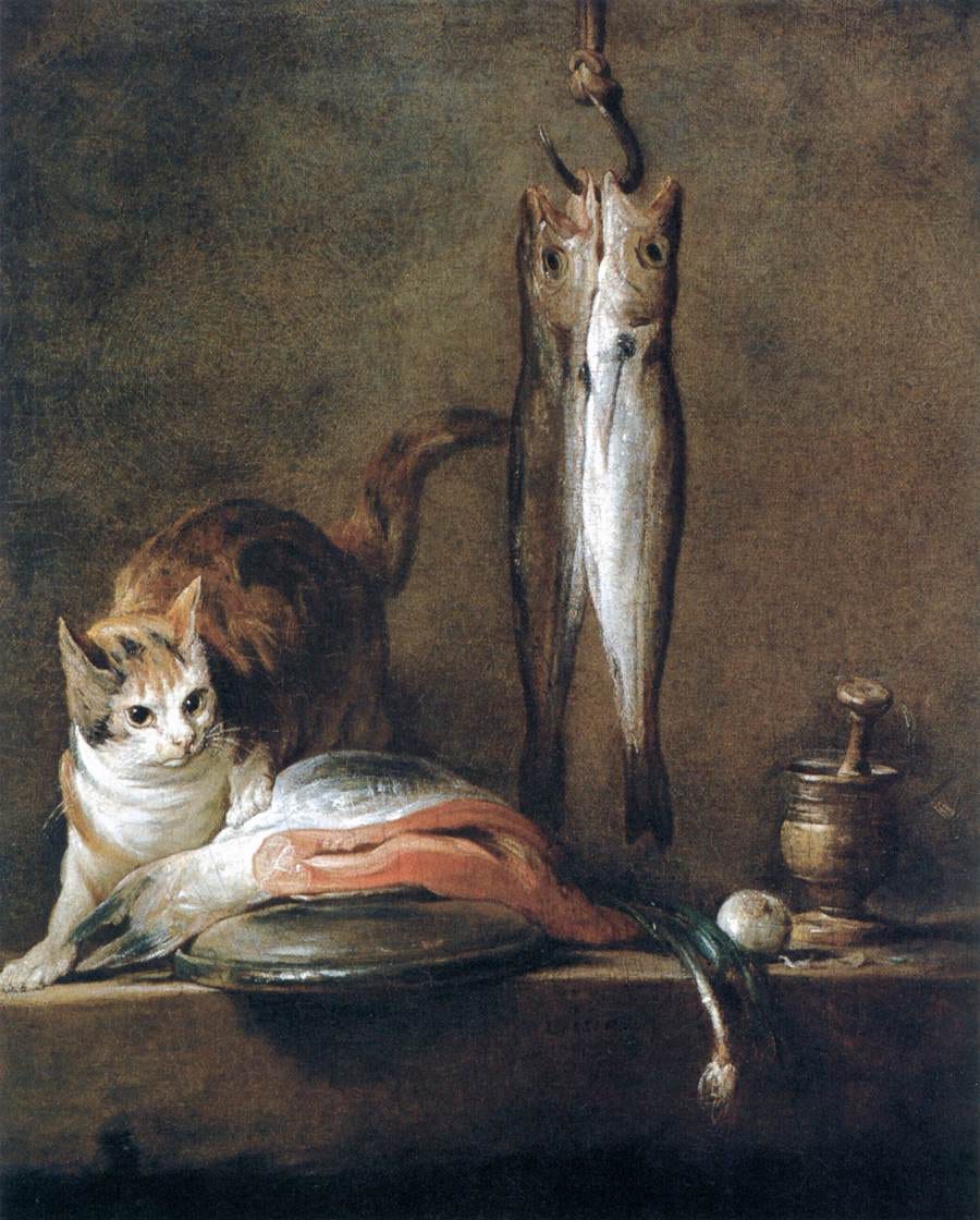 a still life in a realistic style featuring a cat and several dead fish