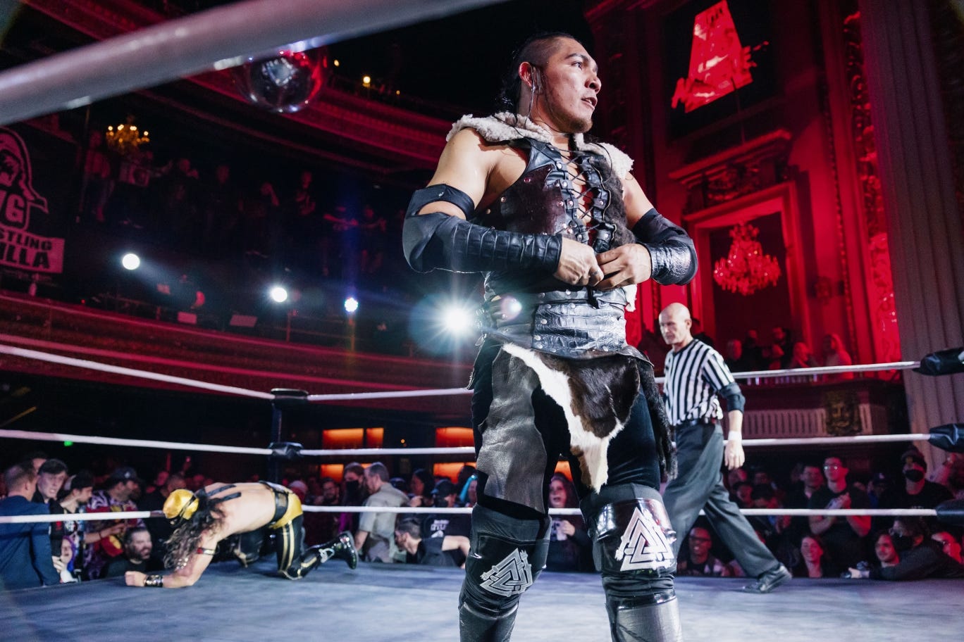 Hijo Del Vikingo prepares for his match at night one of PWG's 2023 Battle of Los Angeles 