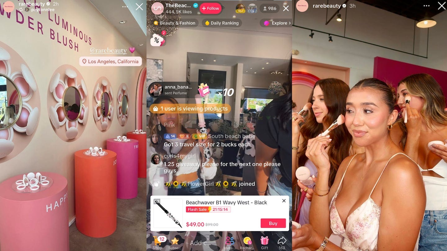 Screenshots of Rare Beauty's TikTok Shop pop-up and Beachwaver's TikTok shoppable livestream.