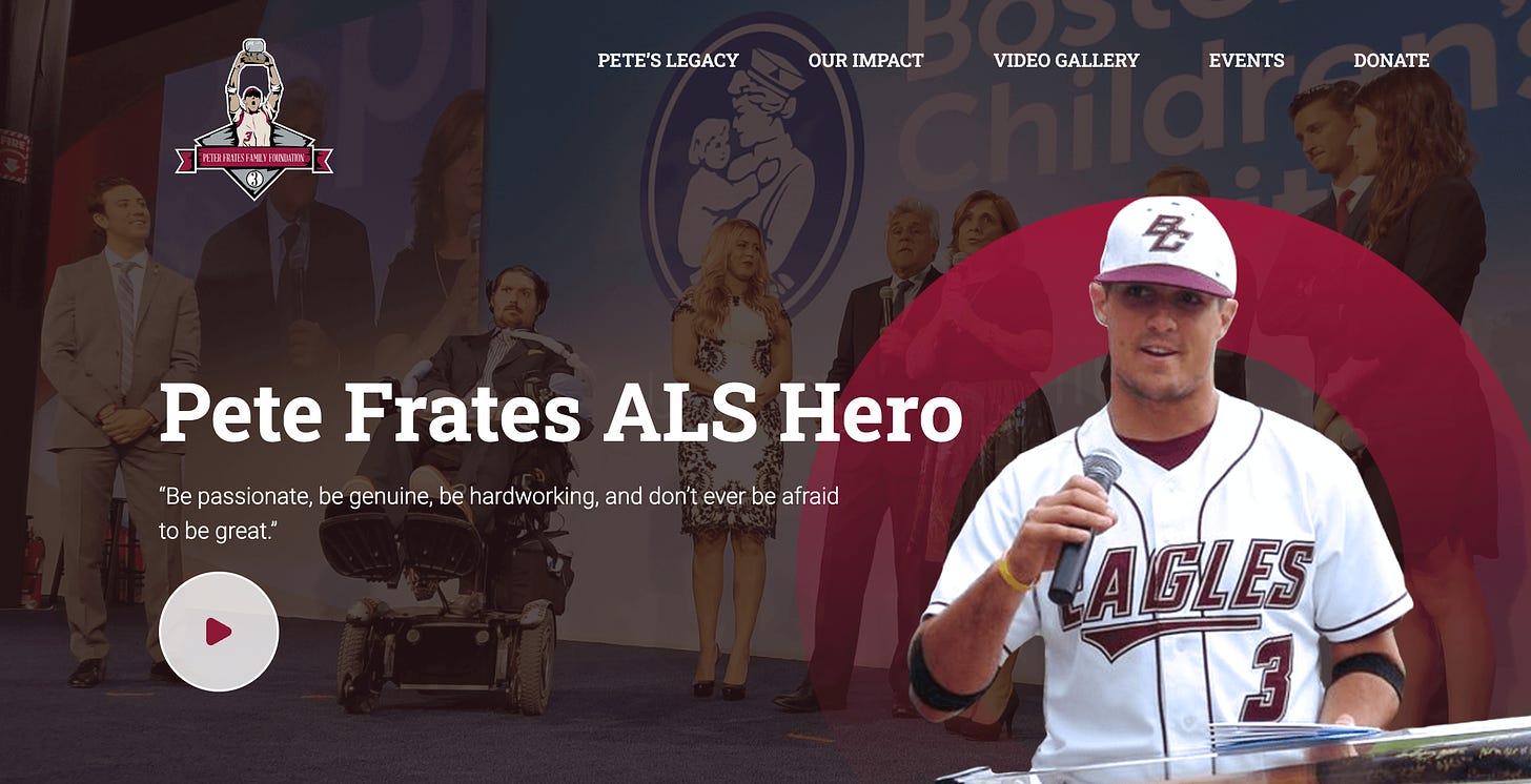 A screenshot of The Pete Frates foundation website. On the right is a picture of Pete wearing a white baseball uniform holding a microphone.