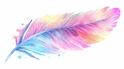 Illustration of a multicolored feather featuring hues of blue, purple, and orange
