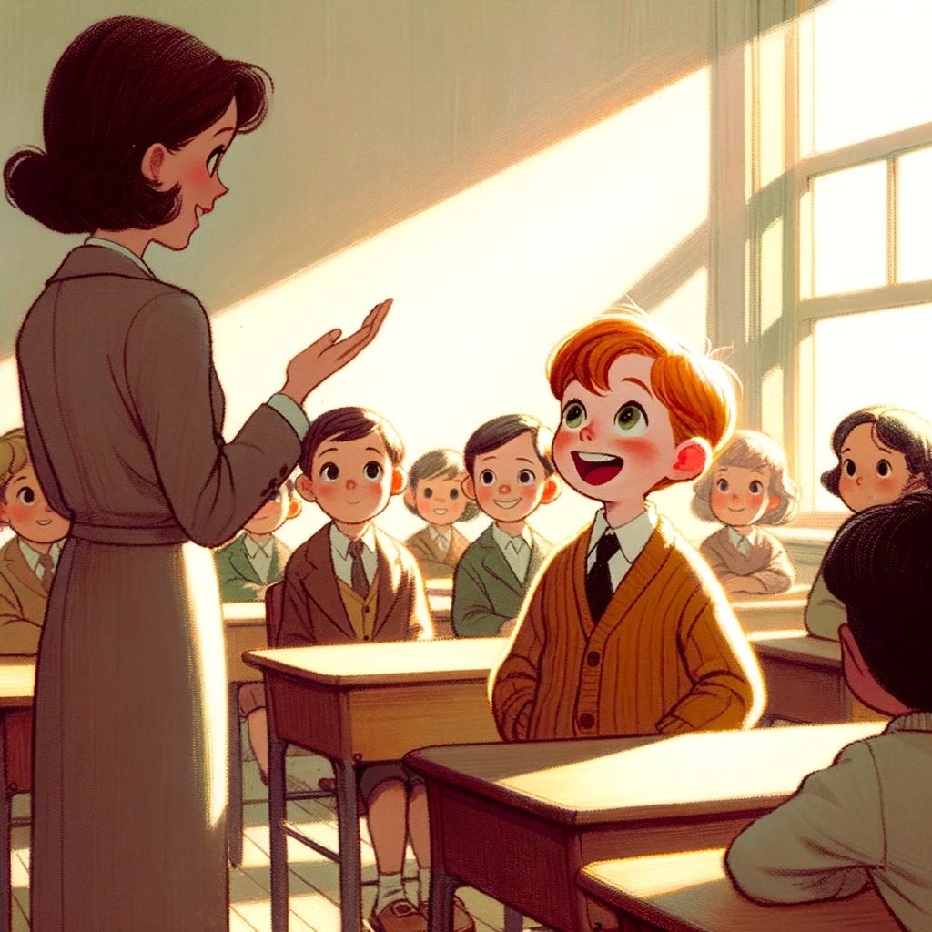 DALLE3: Illustration capturing the essence of hand-painted scenes from classic animated movies. A child with auburn hair stands up from their desk in a sunlit classroom, enthusiastically answering a question. Classmates listen attentively, and the teacher, with a gentle expression, acknowledges the child's response.