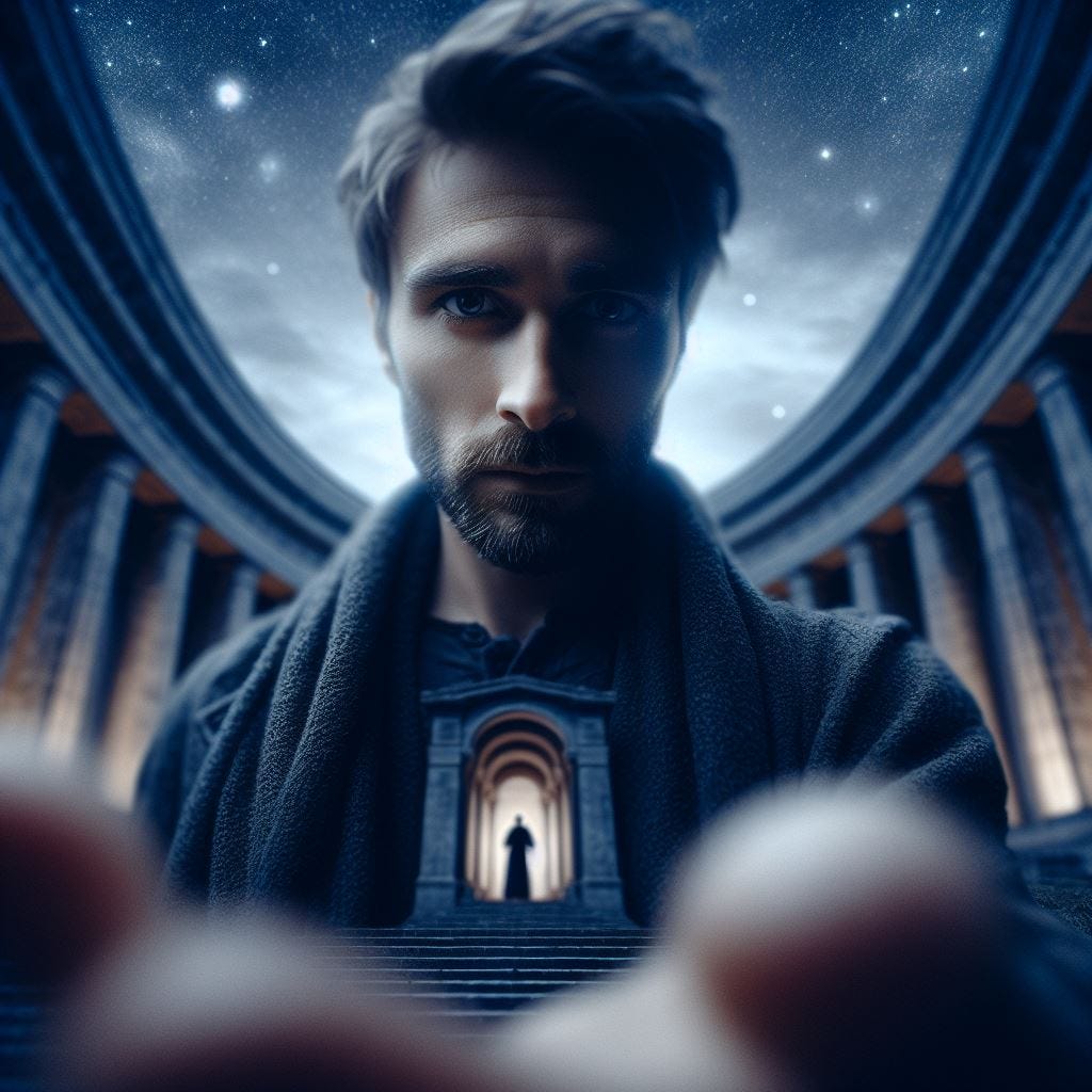 hyper realistic ;tiltshift; lens baby effect; the Crypt of the Monument to the Battle of Nations by DanielGliese. A man stands in the dark night with stars in the sky. he is serene, his face islooking at camera in foreground. Desperate with love. He is beholding the camera and pledging his love