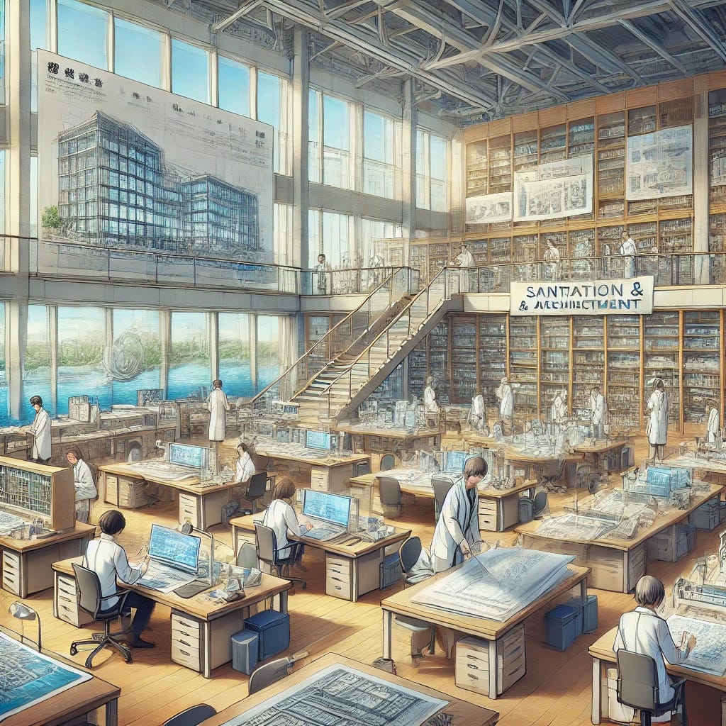 A highly detailed and clean anime-style image of an architectural research lab within a sanitation and water department of a large government. The lab is spacious and modern, with large windows letting in natural light. The workstations have blueprints and models instead of computers. Shelves filled with models of water systems and architectural designs are visible. Scientists and architects in professional attire are engaged in discussions, some drawing on blueprints, while others work on physical models. The background has advanced lab equipment and a clear display of the department's mission related to water and sanitation. The environment is bustling yet organized, with natural colors, wooden furniture, and a more contemporary design. Everything is crisp and detailed, with no fuzzy areas. Fix the person second from the right whose body is a little distorted.