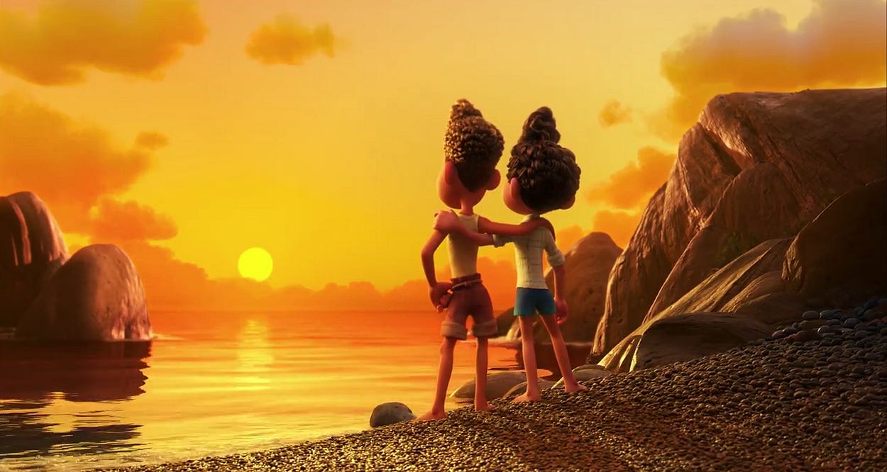 Luca and Alberto watching the sunset in Pixar’s Luca.