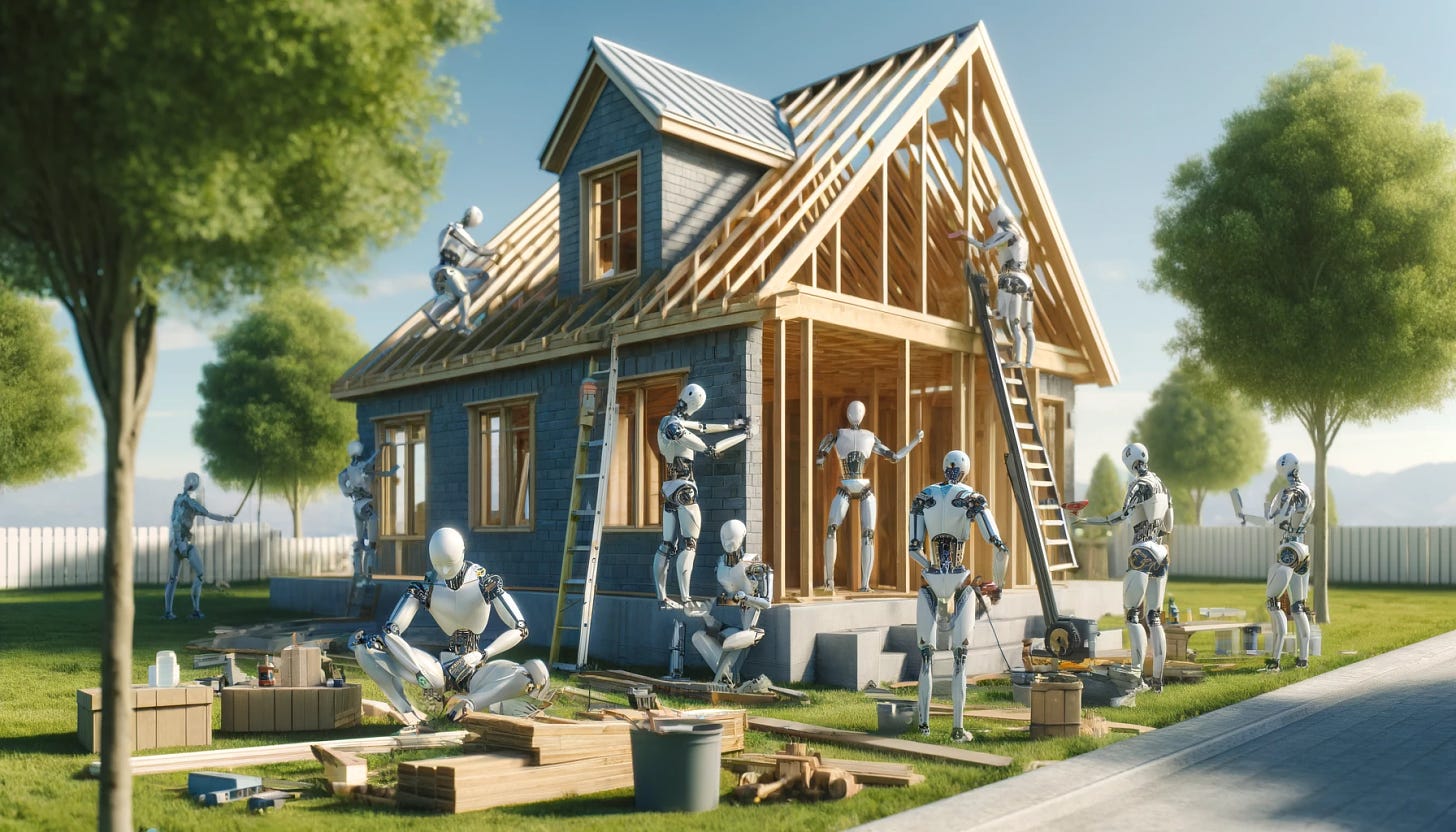 A serene suburban setting where a group of humanoid robots are collaboratively building a house. The robots are designed to resemble humans in shape and size, with a futuristic, metallic appearance. They are engaged in various construction tasks like hammering, sawing, and painting. The house is a typical family home, partially constructed, with wooden framing and brickwork visible. The scene is set on a bright sunny day, with a few trees and a clear blue sky, providing a peaceful backdrop for the robotic construction.
