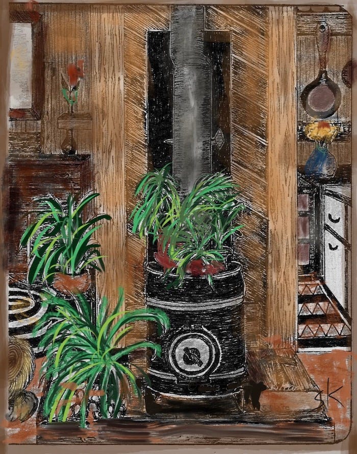 Artwork by Sherry Killam Arts depicting interior of a one room cabin with woodwork, a black tin stove, house plants, white kitchen sink, a wood dresser with mirror.