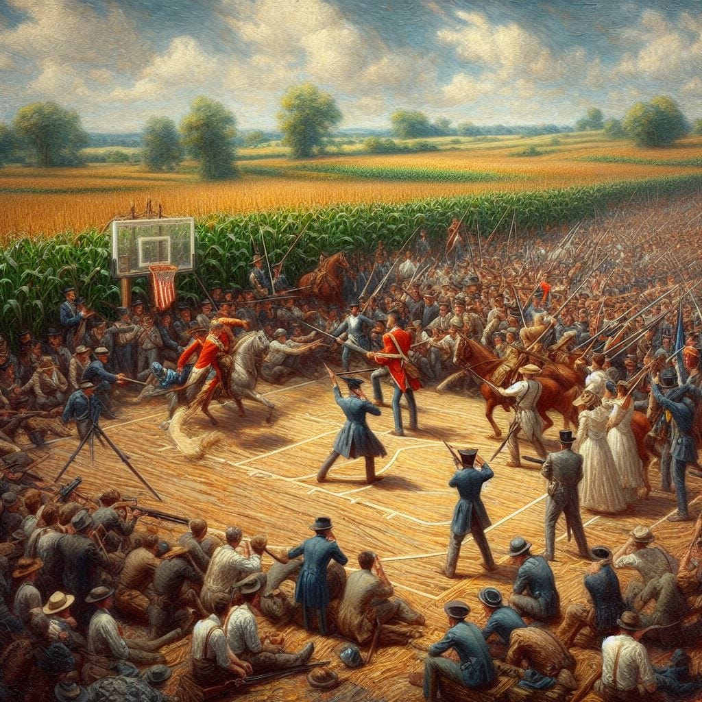 The battle of Indiana, being played on a basketball court in a cornfield, impressionism