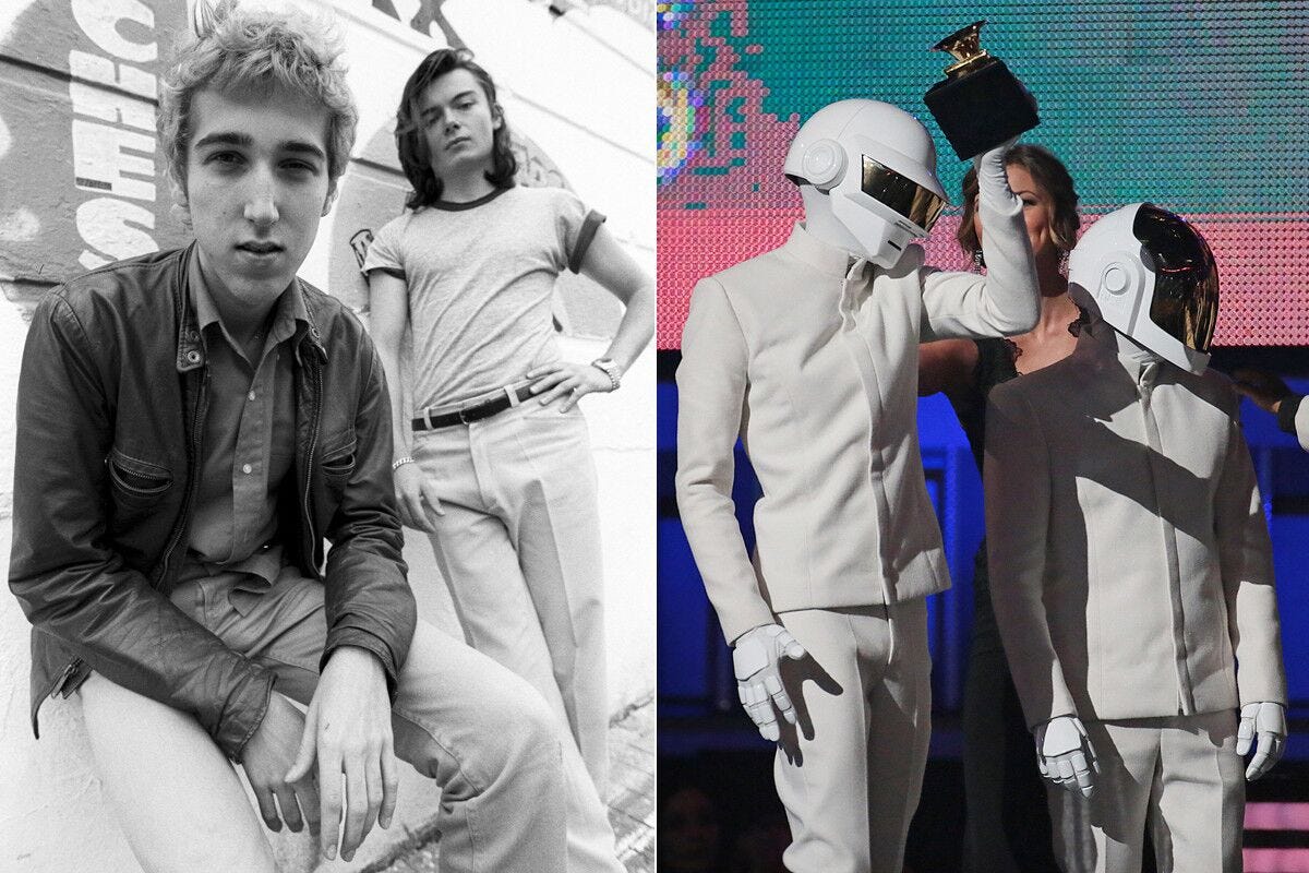 Thomas Bangalter, left, and Guy-Manuel de Homem-Christo of Daft Punk in a 1995 photo. At right, Daft Punk accepts the Grammy for record of the year on Sunday.
