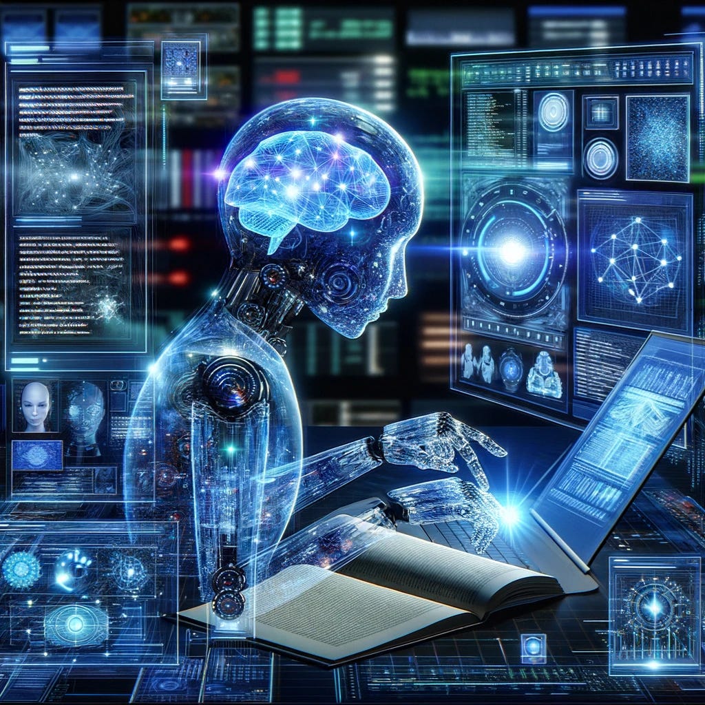 An imaginative representation of a multimodal artificial intelligence model. The AI model is depicted as a futuristic, semi-transparent, holographic interface. It is actively engaging with various types of data: reading a long text document, analyzing a complex chart, scanning through images, and watching a video. The scene is set in a high-tech environment, perhaps a laboratory or a data center, with digital screens and advanced technology in the background. The AI model appears intelligent and dynamic, with visual elements like glowing circuits or neural network patterns to symbolize its processing capabilities.