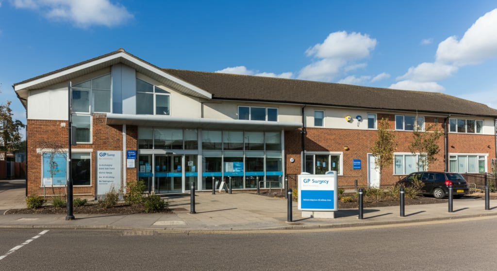 A GP practice building in Luton on a sunny day