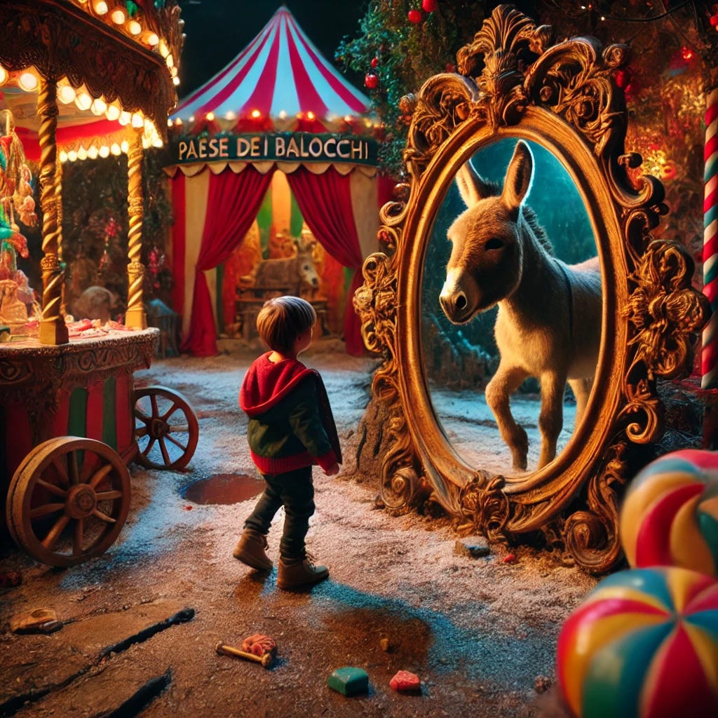 A magical and slightly eerie scene showing a child in a fantasy carnival-like setting (Paese dei balocchi), standing in front of a large ornate mirror. The child is happily playing and looking into the mirror, but their reflection shows a donkey instead of the child. The environment includes colorful tents, candy, and games, evoking a whimsical, playful atmosphere, while the reflection adds a sense of surrealism and a cautionary message. The focus is on the mirror and the transformation of the child's reflection into a donkey.