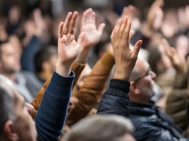 Public opinion raising hands