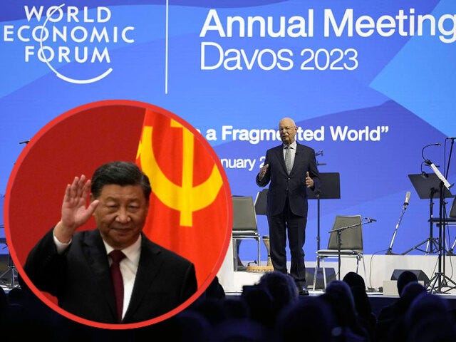 INSET: Chinese President Xi Jinping. World Economic Forum founder Klaus Schwab welcomes the guests at the World Economic Forum in Davos, Switzerland Monday, Jan. 16, 2023. The annual meeting of the World Economic Forum is taking place in Davos from Jan. 16 until Jan. 20, 2023. (AP Photo/Markus Schreiber)