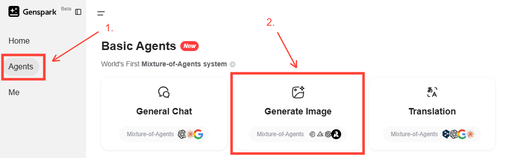 Genspark navigation to Generate Image agent