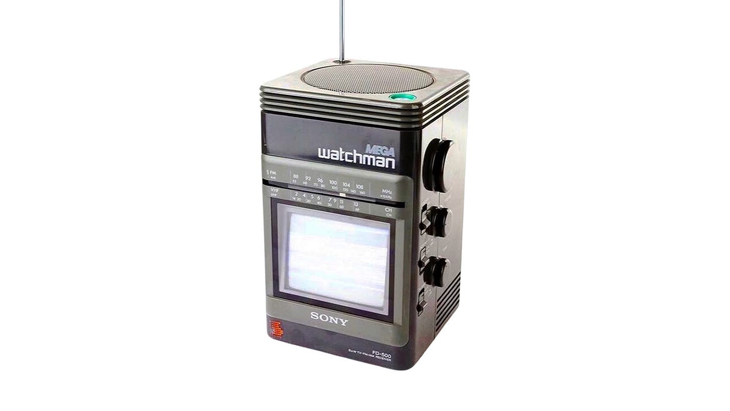 Obsolete Sony على X: "The Watchman FD-500, released in 1988, was a  significant improvement on previous models. It featured a larger 5" black  and white CRT screen and AM/FM radio capabilities. https://t.co/2kSM3iVKTC"  /