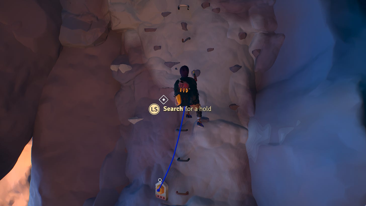Person climbing with the text "LS - search for a hold"