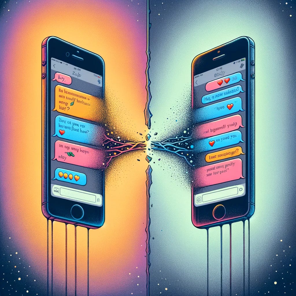 A visual representation of the impact of communication on friendships in the digital age. The image depicts two smartphones facing each other, with text message bubbles showing a lively conversation on one screen and an unanswered 'Hey, how are you?' on the other. Between the phones, a fading connection symbolizes the weakening bond due to one-sided effort in communication. The background is divided into two halves: one vibrant and colorful, representing the warmth and richness of mutual engagement, and the other side is dull and gray, illustrating the coldness and distance that comes with lack of reciprocation. This illustration poignantly captures the delicate balance of effort required to maintain friendships in a world dominated by digital interaction.