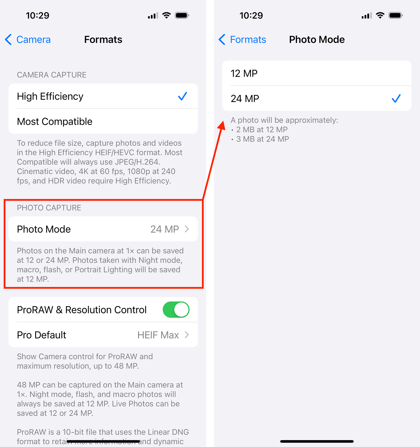 Two iPhone Camera Settings screens, showing the ability to choose a Photo Capture mode of either 12 MP or 24 MP