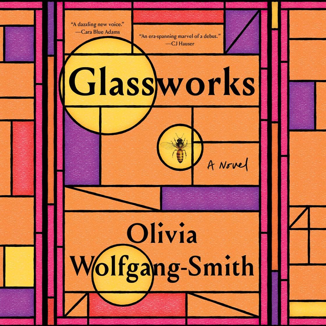 Cover of the audiobook of Glassworks: an abstract, geometric, stained-glass pattern in shades of orange, red, yellow, and pink. 
