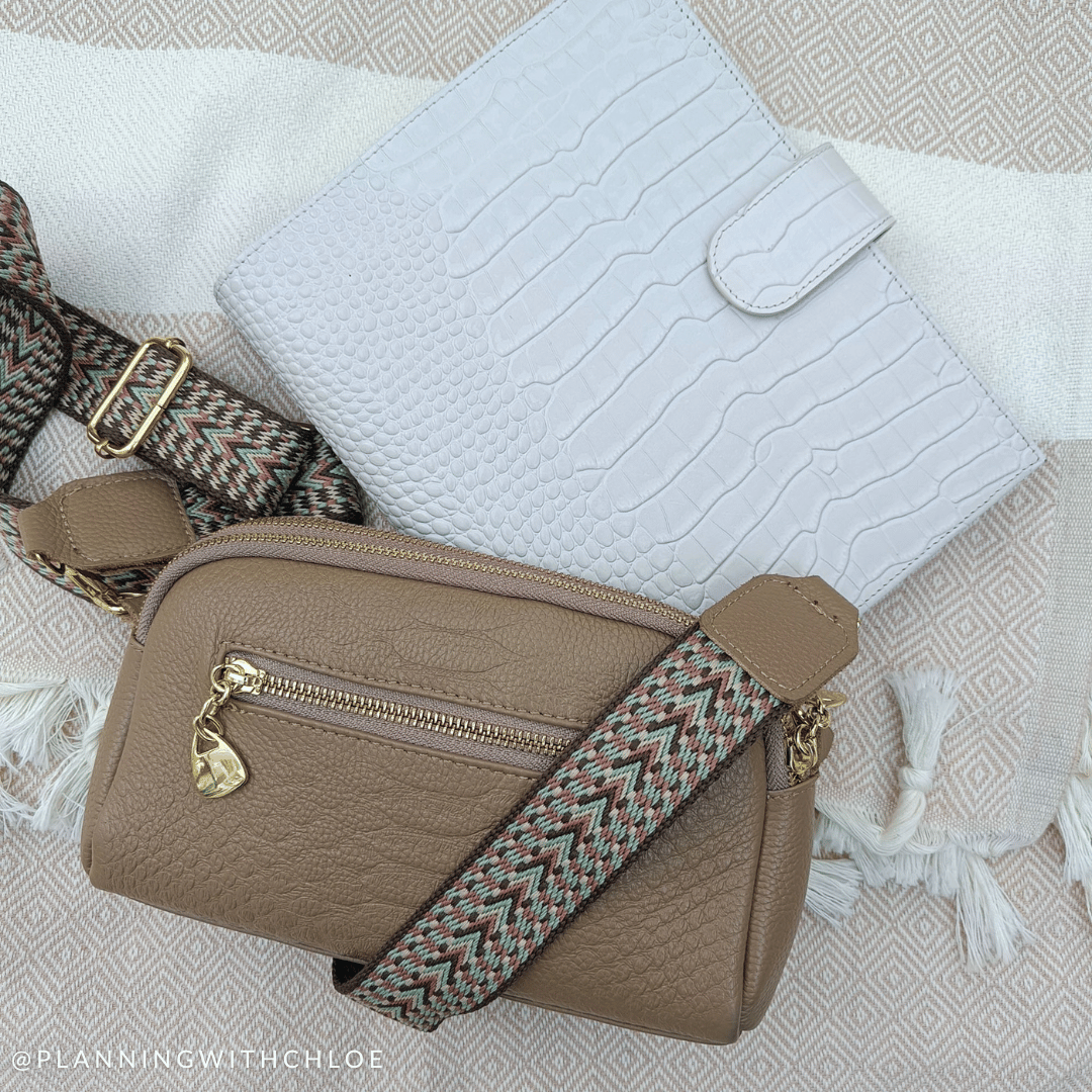 A5 Moterm planner and a small bag in cream and khaki mock-croc leather.