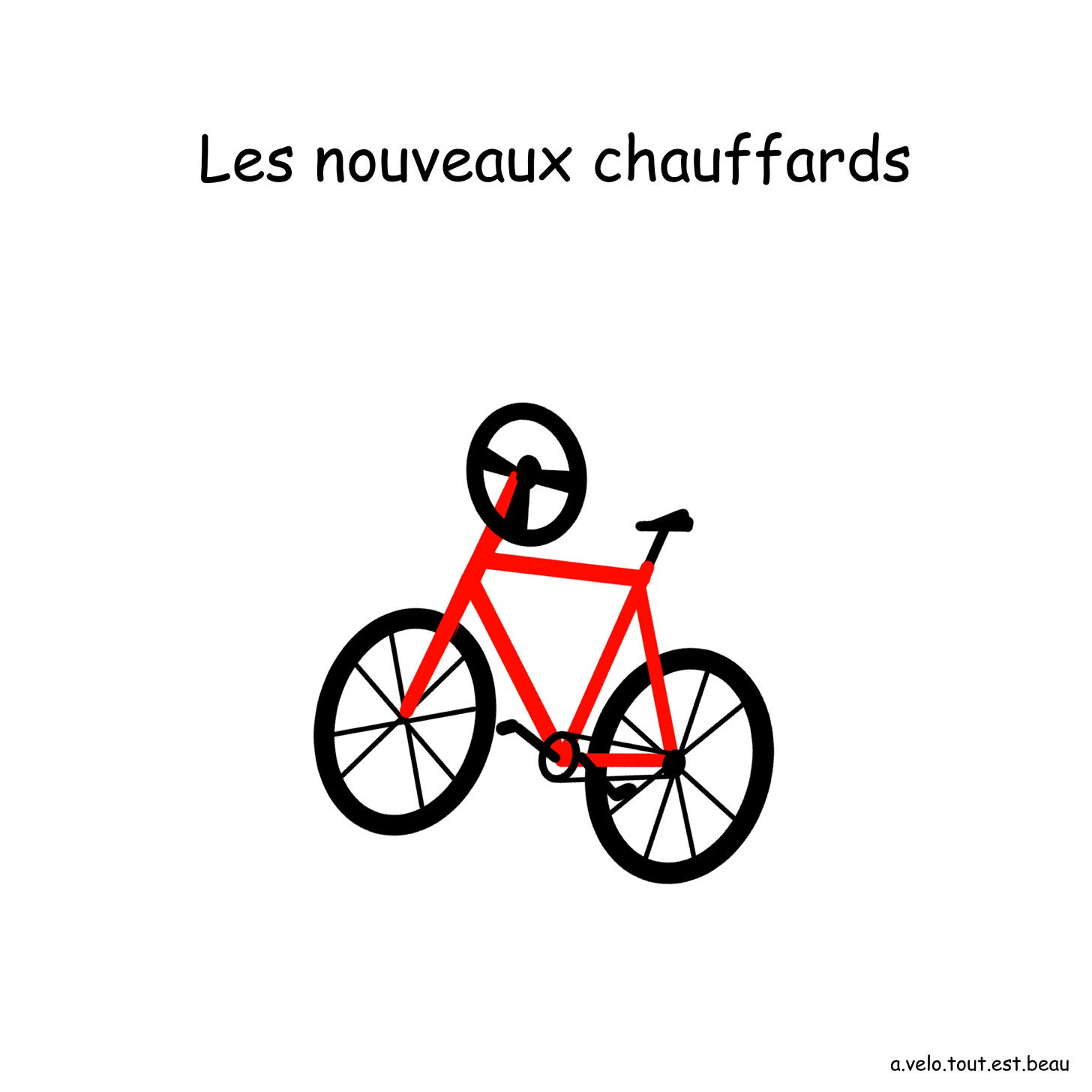 Dessin d'un velo rouge ou le guidon a été remplacé par un volant de voiture.