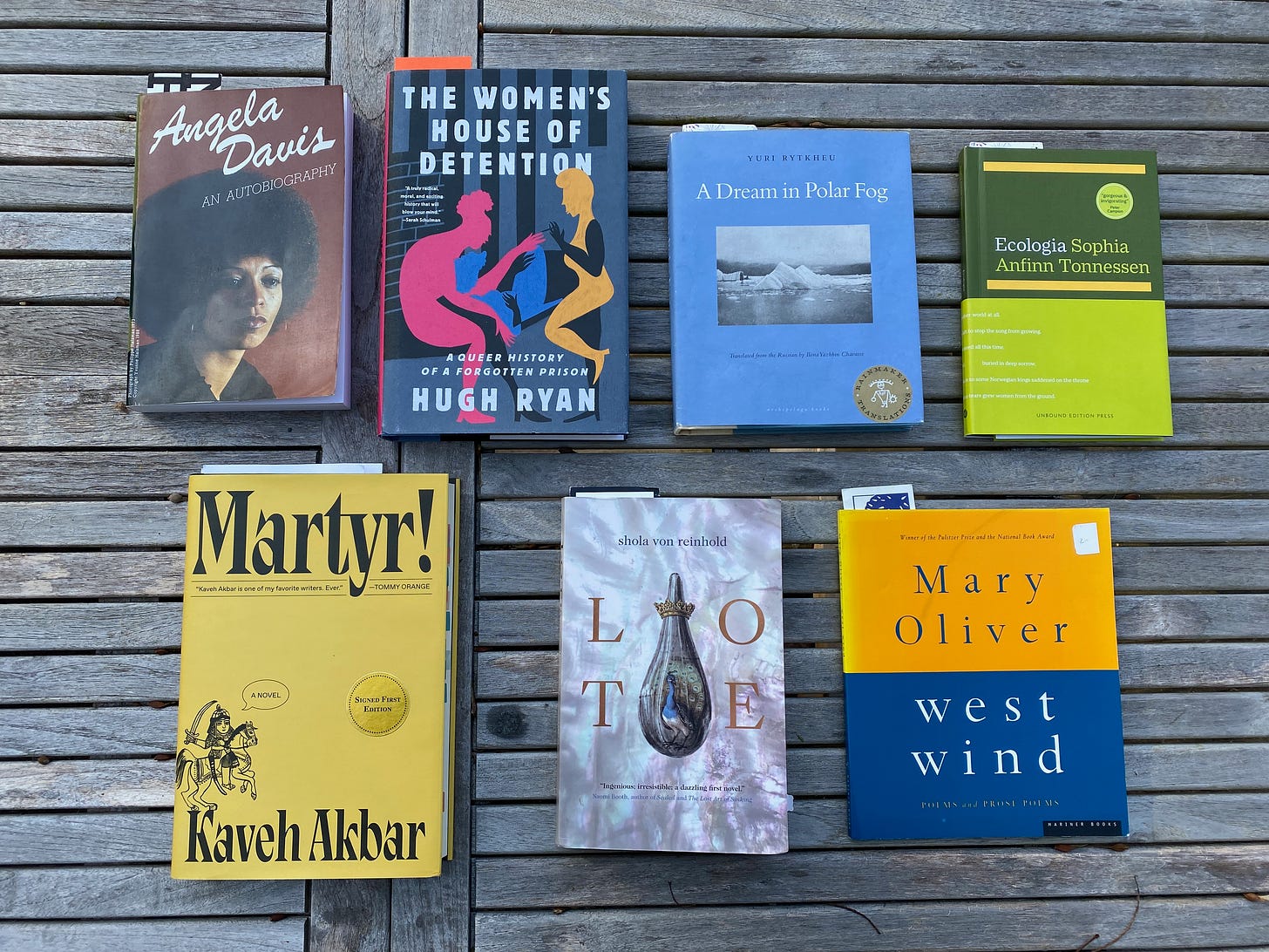 The seven listed books laid out in two rows on a wooden porch table.