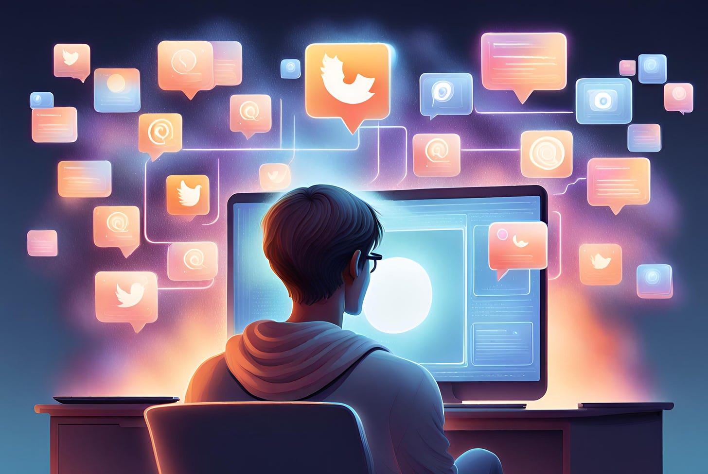 illustration of a person looking at a computer surrounded by social media notification icons