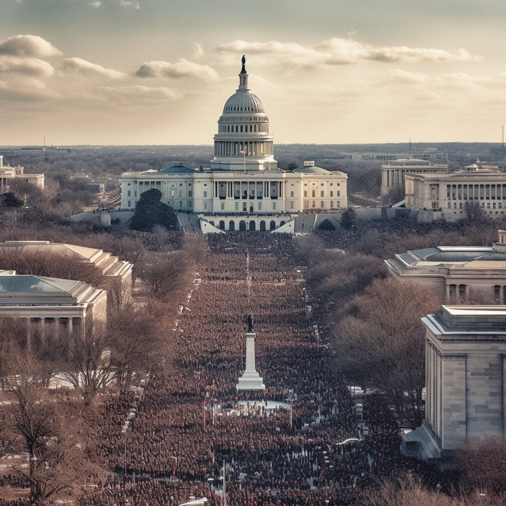 An AI generated image from Midjourney with the prompt: A photograph view of the US Capitol Building from the perspective of the top of Washington Monument displaying an a crowd of millions of people at the US presidential inauguration