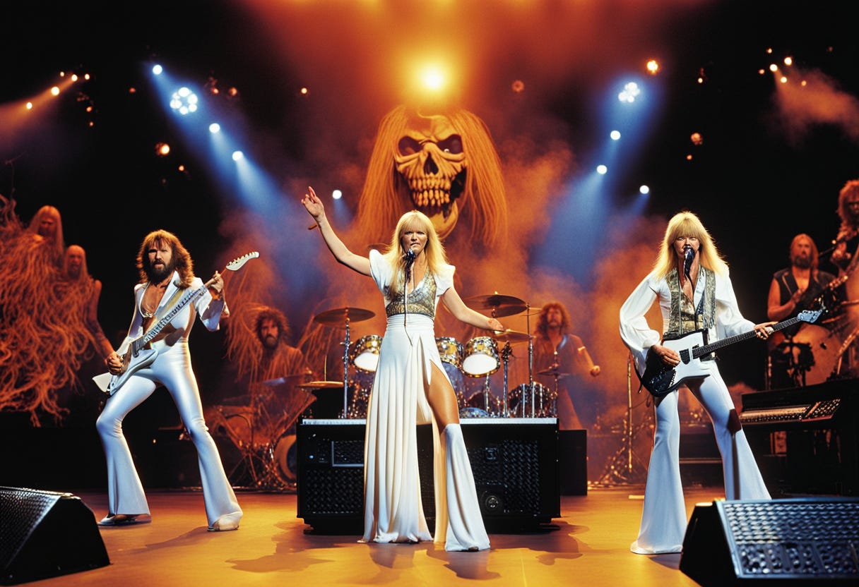 ABBA as a heavy metal band live on stage.  Heavy M