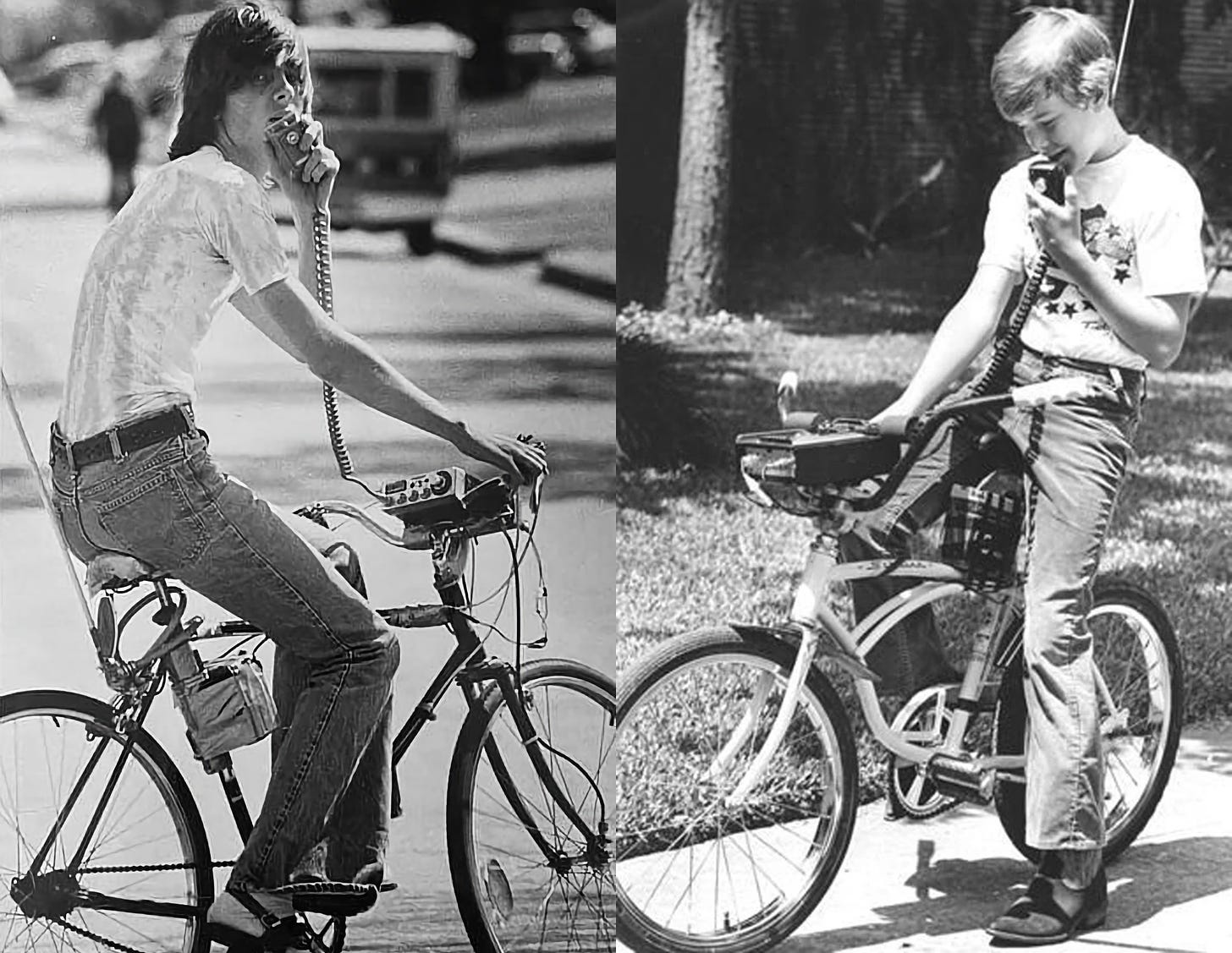 Two black and white images showing young people on bikes using CB radios.