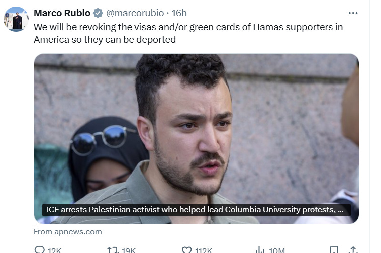 A tweet from Marco Rubio reading: We will be revoking the visas and/or green cards of Hamas supporters in America so they can be deported