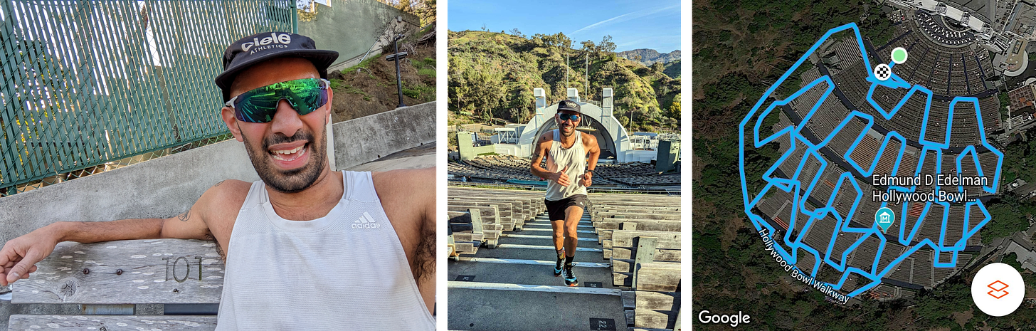 (l-r) A selfie at seat 101 during a rest during a Saturday Stairs session; photo of me c/o Jeff; the grueling PR Day route around the Hollywood Bowl stairs.