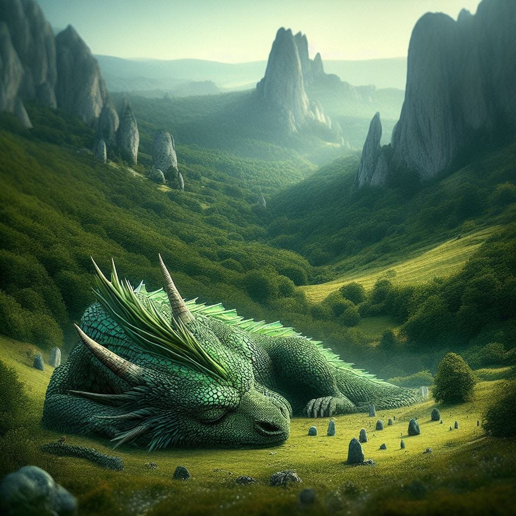 hyperrealistic;mosaic multimedia piece inspired by derek gores.tilt-shift Close up sleeping green dragon Classic Green European dragon with irridescent scales ; with hyper realistic eyes Inland, ancient Crimea towering peaks of Crimean Mountains. lush greenery, with dense forests. Vast distance. Mysterious Dolmens. motion of dragon causes visible ripples of time in air like transluscent waves with tiny prisms of light around the dolmens and trees. Ethereal. Luminescent. 