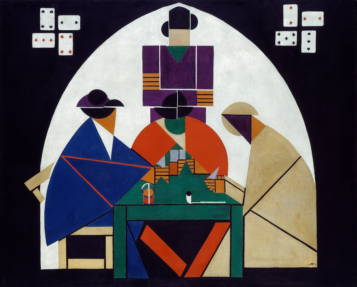 Abstract painting of three figures at a table playing cards, with one more standing behind the table.