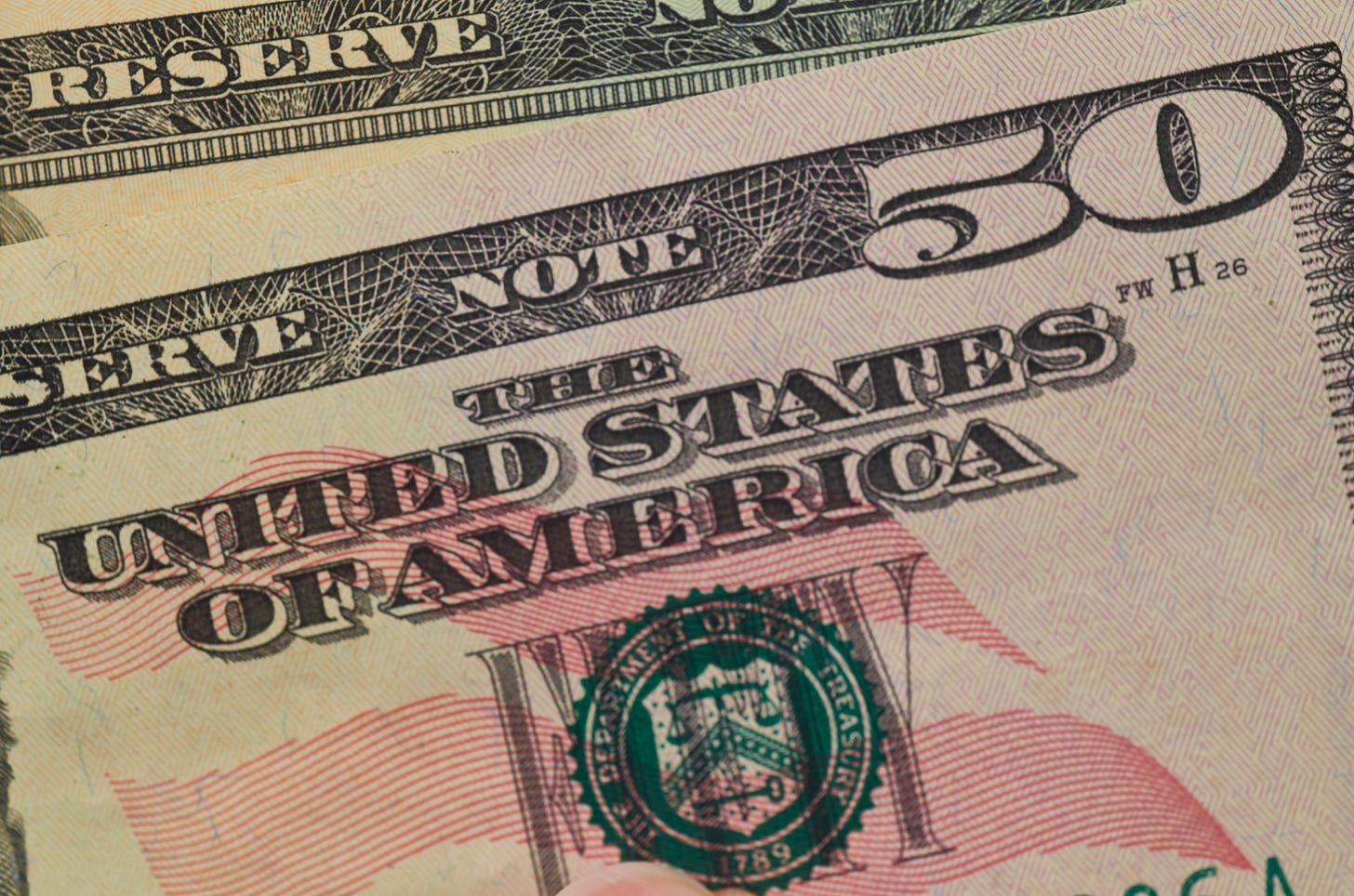 Close up photo of a $50 bill