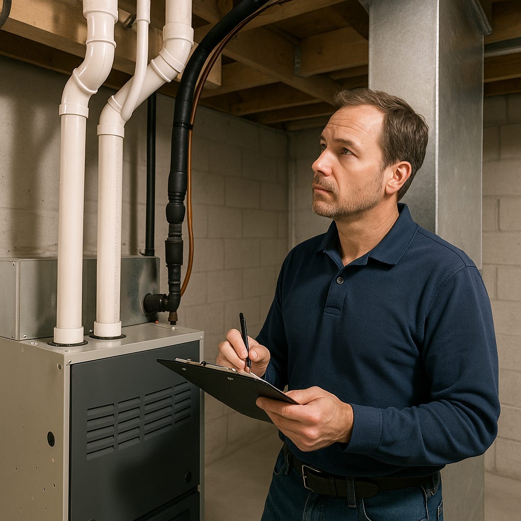 A home inspector in a navy blue polo short inspects an HVAC system and takes notes.