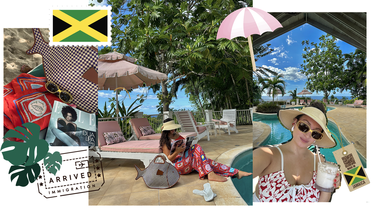 Images of Bella lounging poolside in Montego Bay wearing a Loft Bikini and printed pants