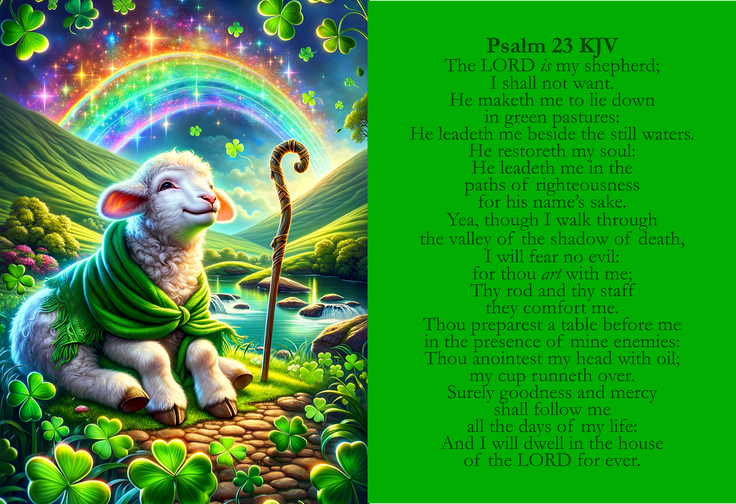This is a vibrant and colorful image divided into two main sections. On the left side, there is a detailed illustration, and on the right side, there is text against a solid background.  The left side of the image features a whimsical, pastoral scene with a fantasy element. In the foreground, there is a young lamb sitting on a cobblestone path, adorned with a green scarf or shawl, looking content and slightly upwards with a gentle smile. The lamb is white with a hint of soft pink in its ears. Behind the lamb, there's a shepherd's crook, suggesting the theme of shepherding.  The background displays an idyllic landscape with lush green hills, a variety of trees, and a serene river flowing through the valleys, creating small waterfalls. There are four-leaf clovers scattered across the foreground, symbolizing luck. A rainbow arcs across the sky, composed of stars and nebula-like colors, adding a celestial and magical touch to the scene. The sky transitions from a bright, daylight blue near the horizon to a darker, space-like upper area adorned with stars.  The right side of the image shows a block of text, which is the text of Psalm 23 from the King James Version (KJV) of the Bible. The text is formatted in a clear, serif font, and is set against a green background that matches the scarf of the lamb. The color of the text is a golden-yellow, which harmonizes with the color scheme of the left side of the image. The text outlines the psalm in a structured manner, with line breaks and indentations that emphasize the poetic nature of the scripture.  The overall impression of the image is one of peace, comfort, and a sense of divine presence or protection, as suggested by the content of Psalm 23 and the protective imagery of the shepherd's crook and the lamb. The fantastical elements, like the starry rainbow, imbue the image with a sense of wonder and otherworldliness.