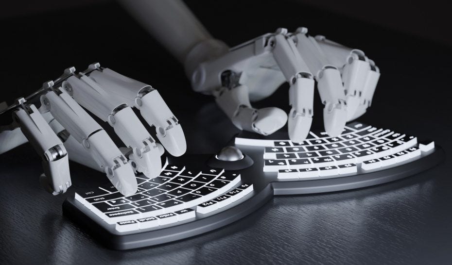 Two human-like robotic hands typing at a split computer keyboard.