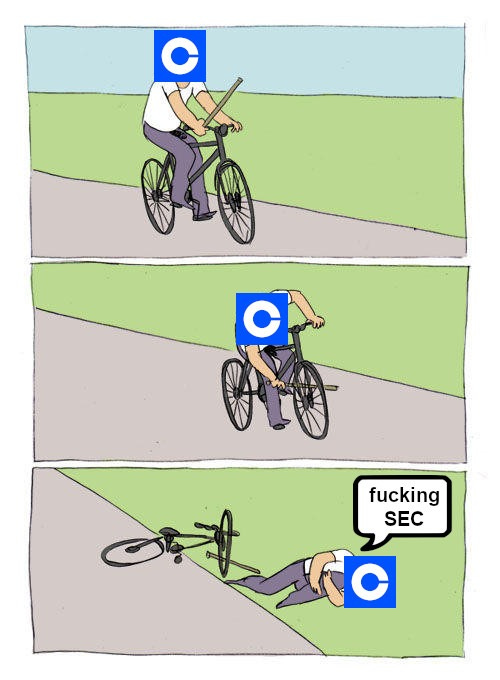 "Baton Roue" meme. Frame one: a person rides a bicycle holding a stick. The Coinbase "C" logo is superimposed on their head. Frame two: person inserts the stick into the spokes of their bicycle wheel while riding. Frame three: Person is sprawled on the ground holding their knee, with the bicycle crashed behind them. A speech bubble shows them saying "Fucking SEC"