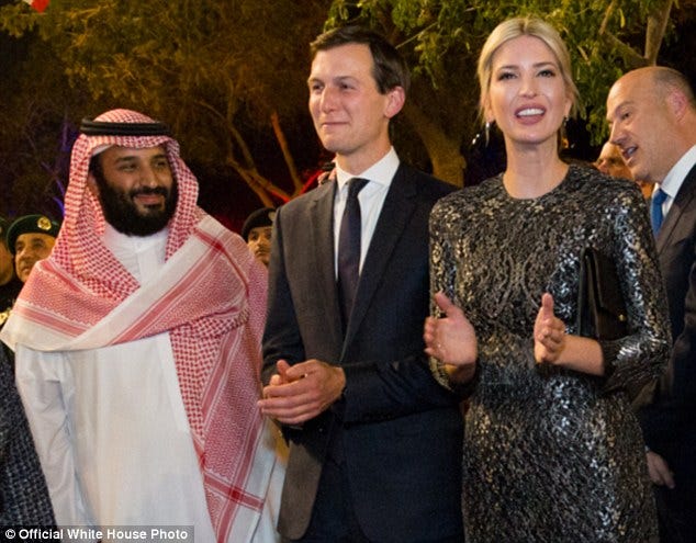 Cheerleaders:MBS, who posed happily with Jared Kushner and Ivanka Trump at the Saudi royal family's Murabba Palace in Riyadh in May, has boasted that he has approval from Trump for his round-up of princes, billionaires and businessmen and his demands for their cash