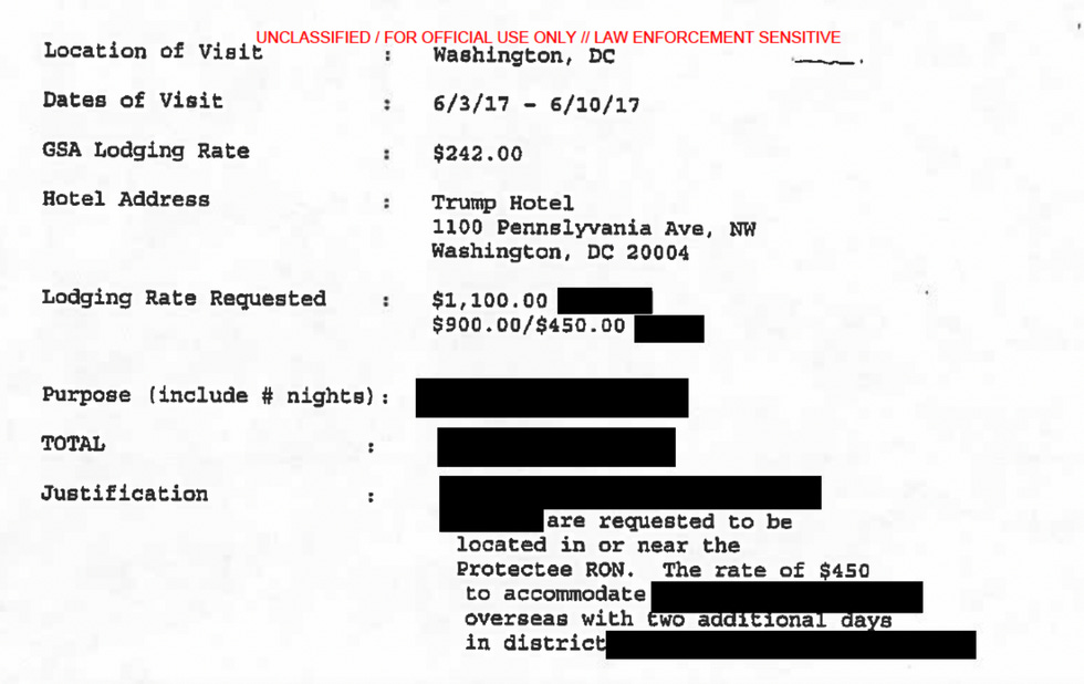 Receipt showing approval to pay Trump Hotel in DC $1,100 and $900 per night for Eric and Lara Trump's Secret Service protective detail in June 2017. Government standard rate was $242.