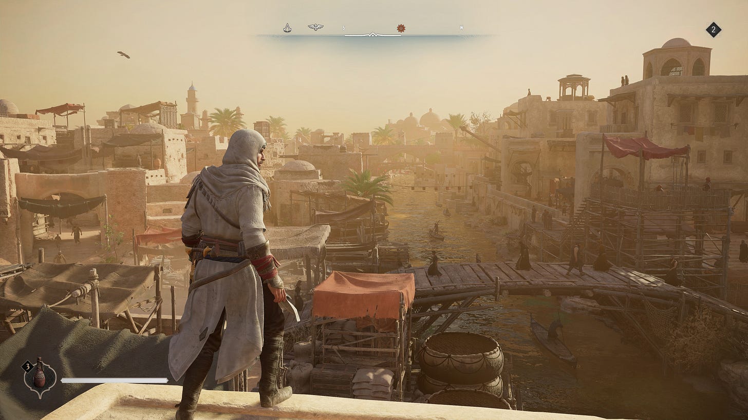 Video game screenshot of a man in white robes standing on a rooftop in 9th century Baghdad. There is a river nearby. Video game screenshot of a man in white robes standing on a rooftop in 9th century Baghdad. There is a river nearby.