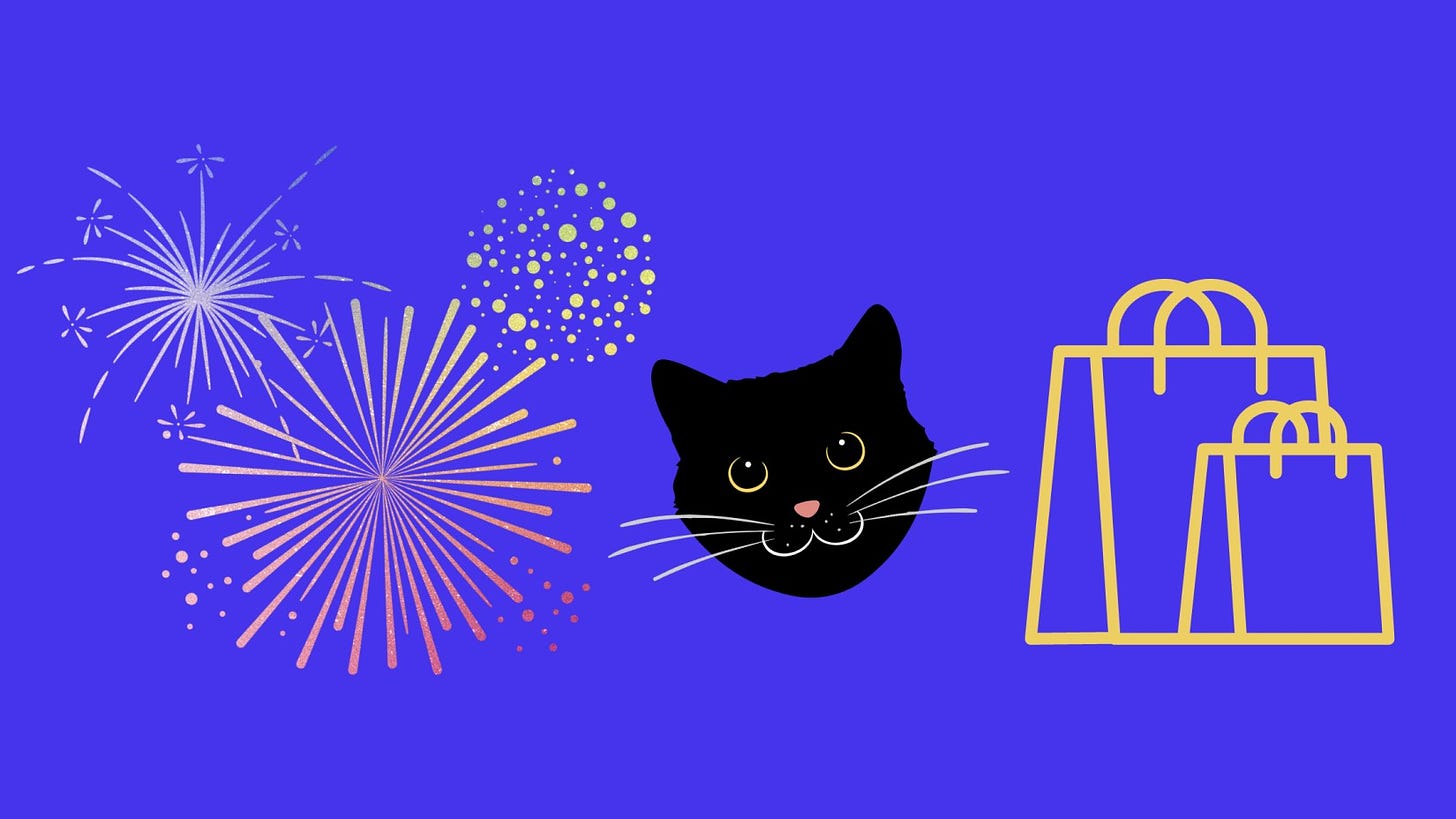 Image of fireworks, cat face and shopping bags