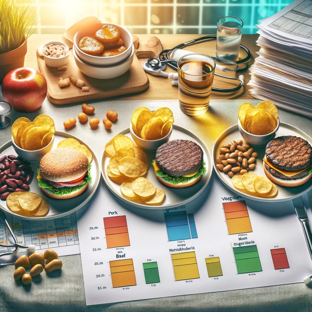 A visual representation of a study on dietary changes for cirrhosis patients. The image features three groups of plates with different meals: one with a pork/beef burger, one with a vegetarian bean burger, and one with a vegan meat substitute burger. Each plate is accompanied by low-fat potato chips and a whole-grain bun. The setting is a clinical research environment with notes and medical equipment subtly in the background, emphasizing the scientific nature of the study. The image is bright and inviting, highlighting the different dietary options.