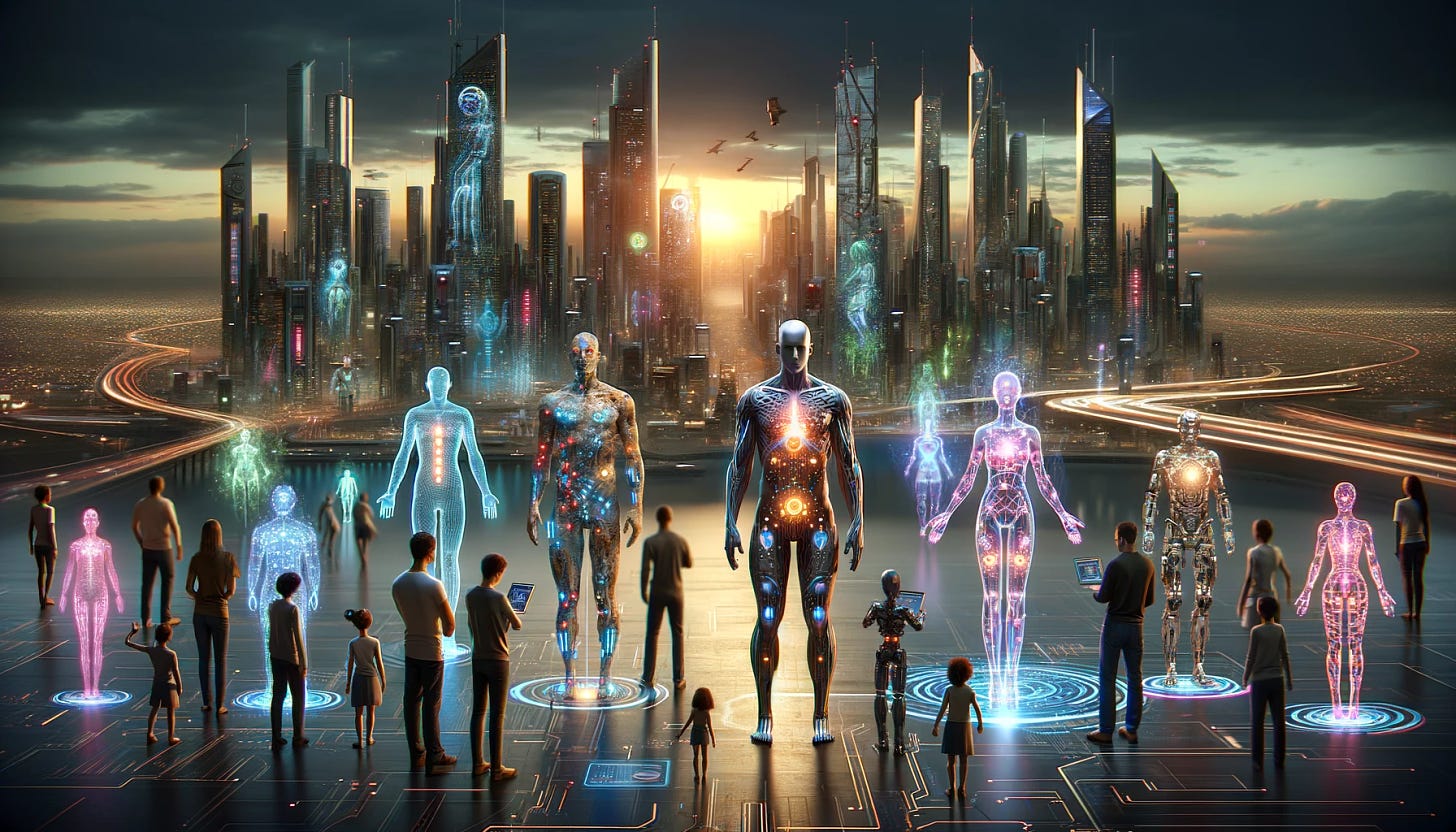 A futuristic 4K, 16:9 widescreen image illustrating the concept of transhumanism. The scene includes a diverse range of people with advanced cybernetic enhancements, showcasing a blend of human and machine elements. In the background, a sleek, high-tech cityscape glows under a twilight sky. The cybernetic enhancements are visible and intricate, featuring biomechanical limbs, neural interface connections, and glowing circuit patterns on the skin. The people, of various descents and genders, are interacting with holographic interfaces and robotic companions, symbolizing the integration of humanity with technology.