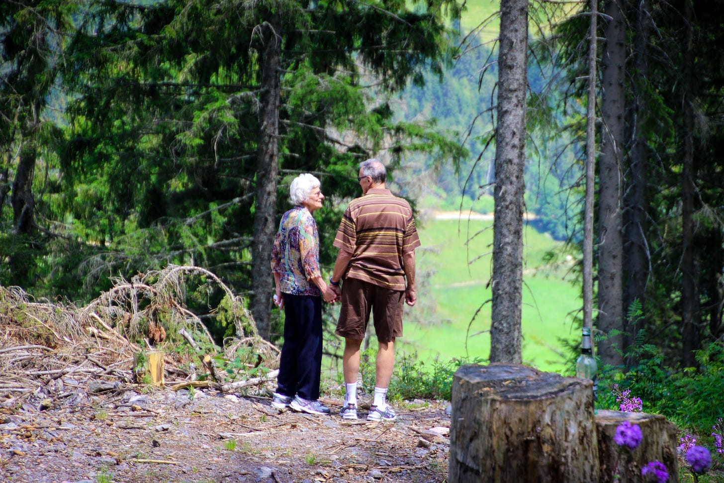 An old man and woman hold hands in the woord